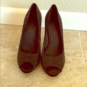 Rhinestone studded peep toe heels